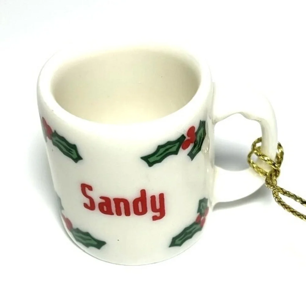“SANDY” Miniature Ceramic Mug Coffee Cup Christmas Ornament Gift Tag Tie-on